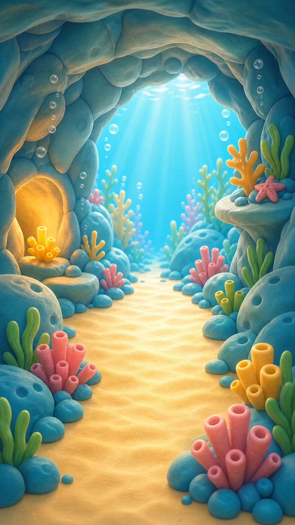 A softly lit clay reef cave