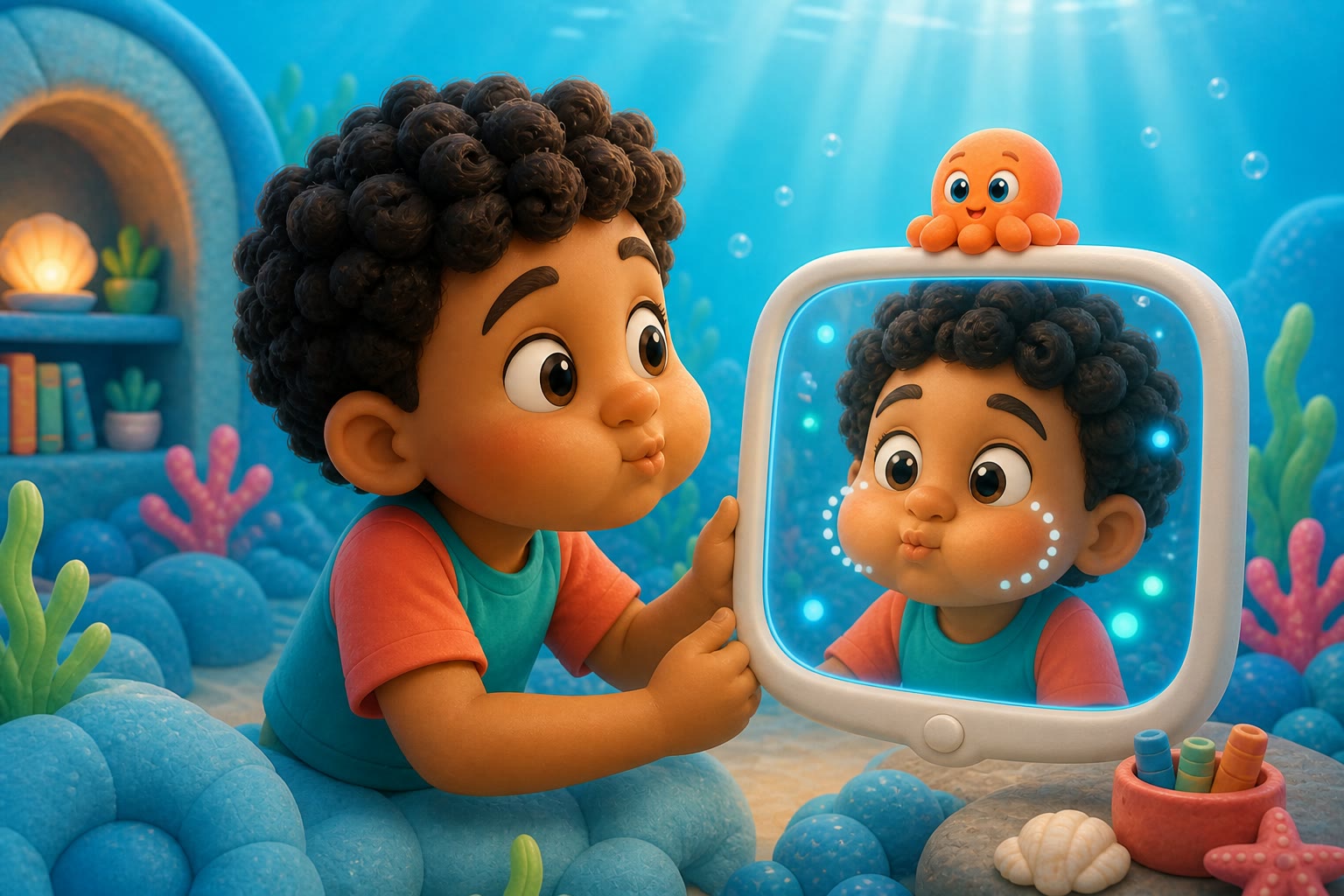 The same clay-cartoon child using MyoGo's magic mirror for cheek-puff practice